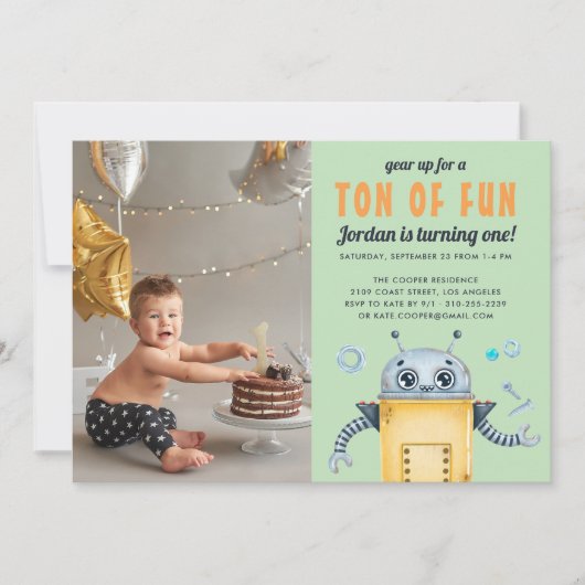 かわいいロボット|子供の誕生日パーティーの写真招待状 サンキューカード (正面)