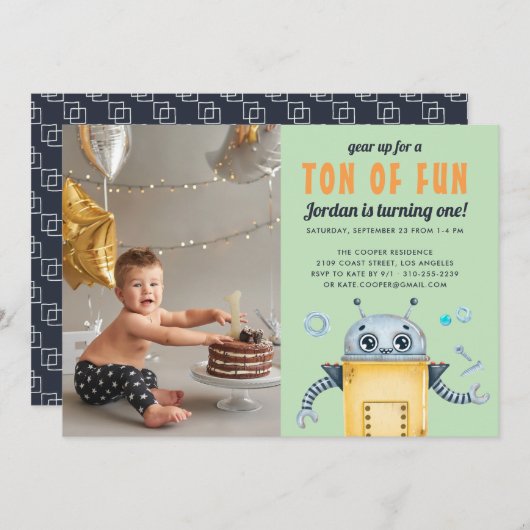 かわいいロボット |子供の誕生日パーティーフォト招待状 サンキューカード (正面/裏面)