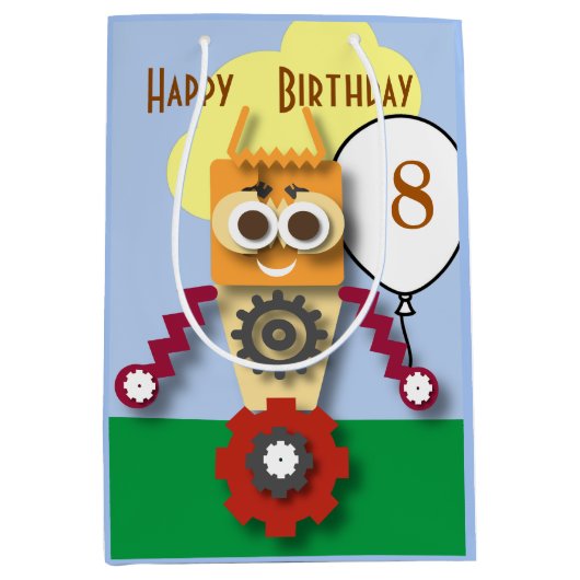かわいいロボット 編集可能な子供の誕生日 ミディアムペーパーバッグ (正面)
