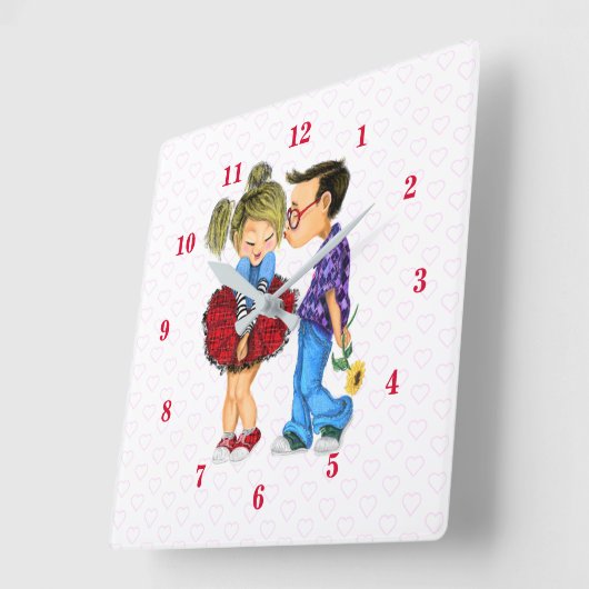 かわいいロマンチックなカップル – 愛のハート-キス スクエア壁時計 (傾斜)