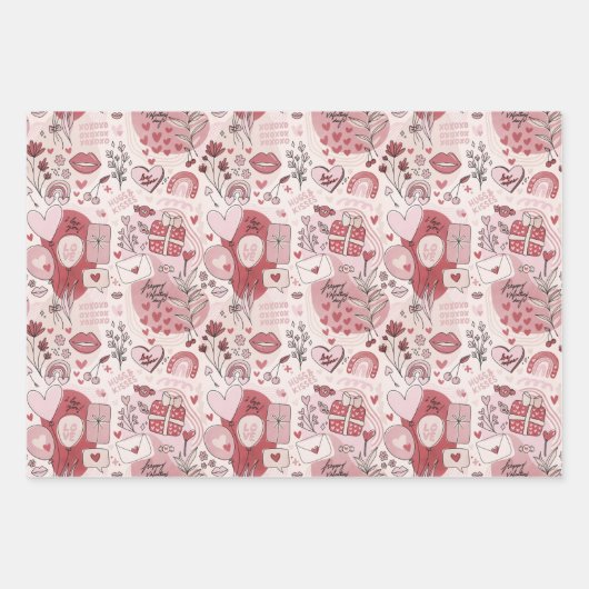 かわいいロマンチックなハグキスバレンタインデーガーリー ラッピングペーパーシート (正面2)
