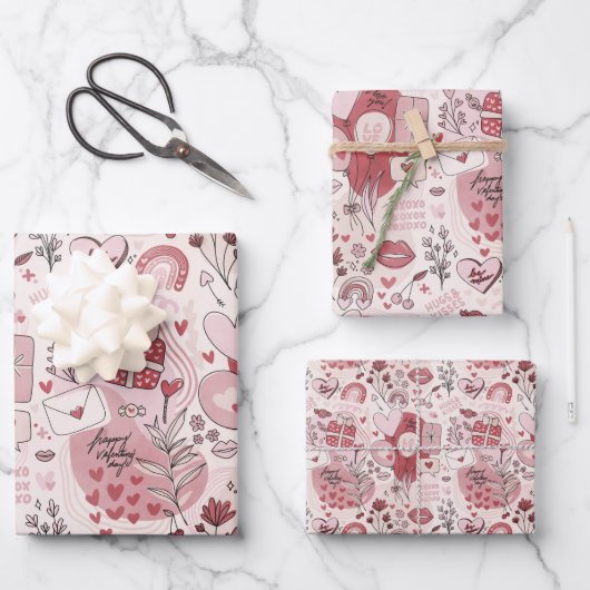 かわいいロマンチックなハグキスバレンタインデーガーリー ラッピングペーパーシート (正面)