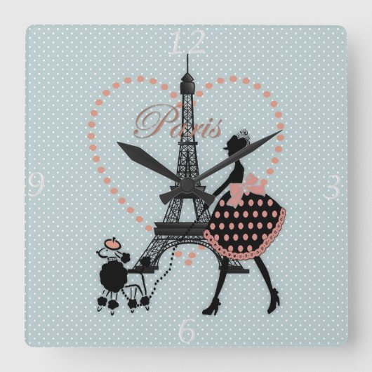 かわいいロマンチックなヴィンテージガールシルエット歩く スクエア壁時計 (正面)