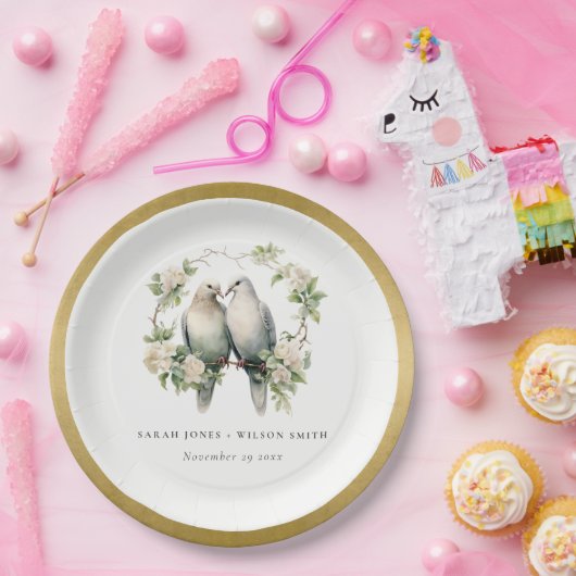 かわいいロマンチックな愛の鳥の植物性リース結婚ズ ペーパープレート (パーティー)