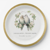 かわいいロマンチックな愛の鳥の植物性リース結婚ズ ペーパープレート (正面)