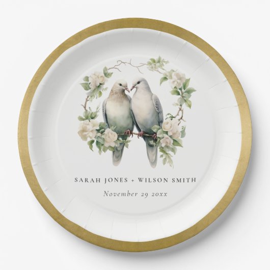 かわいいロマンチックな愛の鳥の植物性リース結婚ズ ペーパープレート (正面)