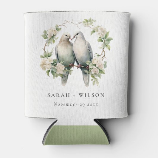 かわいいロマンチックな愛の鳥の植物性リース結婚ズ 缶クーラー (正面)