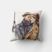 かわいいロマンチックな水彩画のパリのカップルがパイを投げる クッション (裏面)