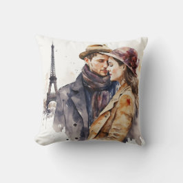 かわいいロマンチックな水彩画のパリのカップルがパイを投げる クッション