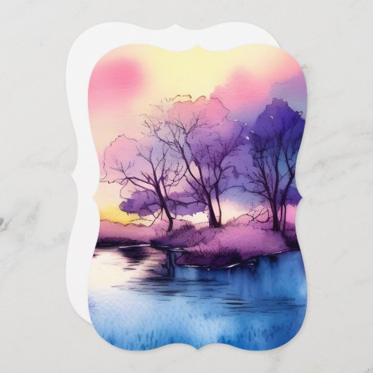 かわいいロマンチックな湖の風景の水色 ノートカード (正面/裏面)