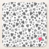かわいいロマンチックな灰色のピンクの手描きハート スクエアペーパーコースター (正面)