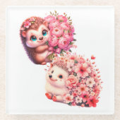かわいいロマンチックな花のハリネズミデュオイラスト ガラスコースター (正面)