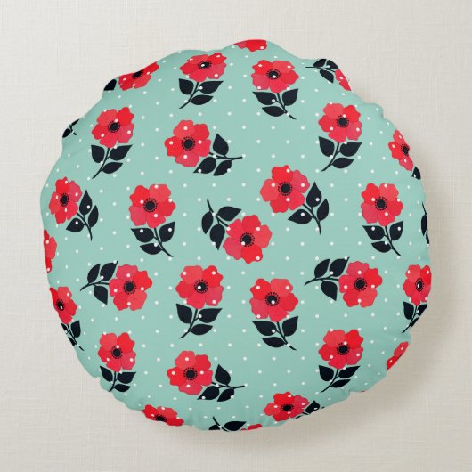 かわいいロマンチックな赤い花のフローラデザイン ラウンドクッション (裏面)