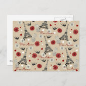 かわいいロマンチックエッフェルタワー、ハート、花 ポストカード (正面/裏面)