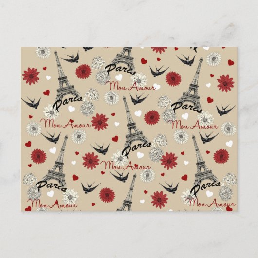 かわいいロマンチックエッフェルタワー、ハート、花 ポストカード (正面)