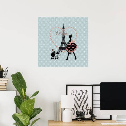 かわいいロマンチックヴィンテージガール歩くフランスのプードル ポスター (ホームオフィス)