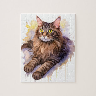 かわいいロングヘアタブビーキャットウォーターイラストレーション ジグソーパズル
