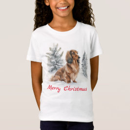 かわいいロングヘアダックスフンド・ソーセージドッグ クリスマス Tシャツ