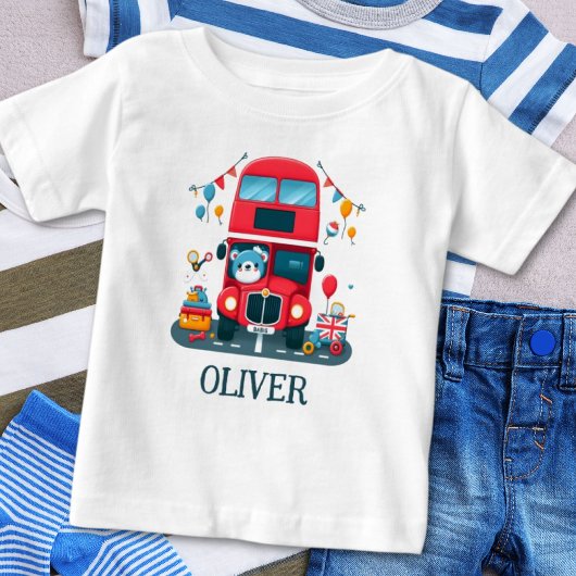 かわいいロンドンの2階建てバスとテディベア ベビーTシャツ