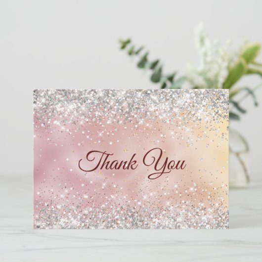 かわいいローズゴールドの偽シルバーグリッター サンキューカード (スタンド正面)