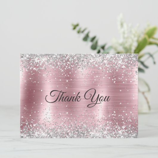 かわいいローズブッシュシルバー疑似グリッター サンキューカード (スタンド正面)