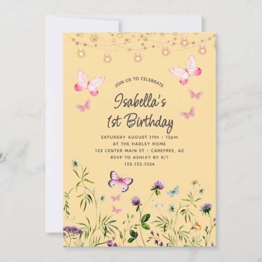 かわいいワイルドフラワーイエロー1歳の誕生日招待状 招待状 (正面)