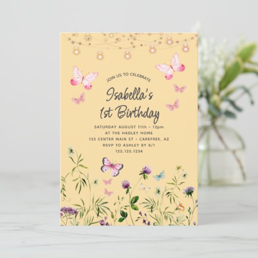 かわいいワイルドフラワーイエロー1歳の誕生日招待状 招待状 (スタンド正面)