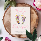 かわいいワイルドフラワーフットプリントピンク赤ちゃんシャワー サンキューカード