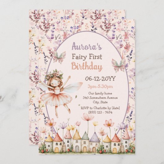 かわいいワイルドフラワーベビーガールフェアリー最初の誕生日 招待状 (正面/裏面)