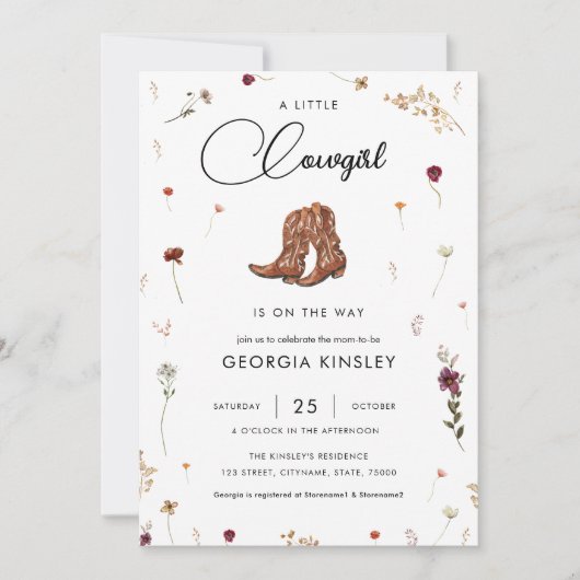 かわいいワイルドフラワーリトル女性のカーボーイ西ベビーシャワー 招待状 (正面)