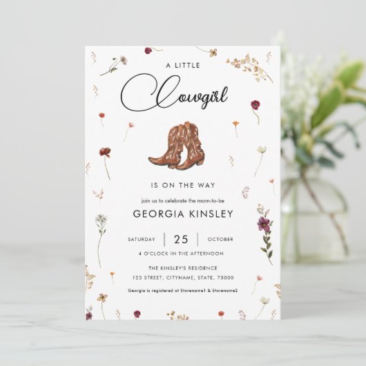 かわいいワイルドフラワーリトル女性のカーボーイ西ベビーシャワー 招待状 (スタンド正面)