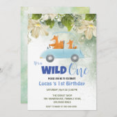 かわいいワイルドワンキツネ動物車1st誕生日パーティー 招待状 (正面/裏面)
