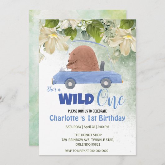 かわいいワイルドワンクマ動物の車1st誕生日パーティー 招待状 (正面/裏面)
