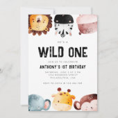 かわいいワイルドワンサファリアニマルズボーイファースト誕生日 招待状 (正面)