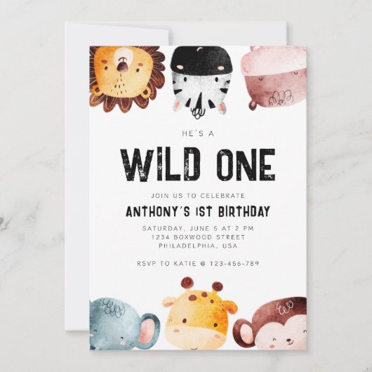 かわいいワイルドワンサファリアニマルズボーイファースト誕生日 招待状 (正面)
