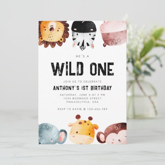 かわいいワイルドワンサファリアニマルズボーイファースト誕生日 招待状 (スタンド正面)