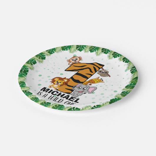 かわいいワイルドワンサファリジャングルアニマルファースト誕生日 ペーパープレート (アングル)