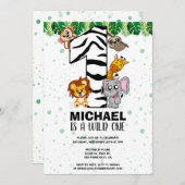かわいいワイルドワンサファリジャングルアニマルファースト誕生日 招待状 (正面/裏面)