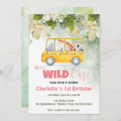 かわいいワイルドワンサファリスクールバス1st誕生日フローラ 招待状 (正面/裏面)