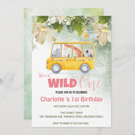 かわいいワイルドワンサファリスクールバス1st誕生日フローラ 招待状 (正面/裏面)