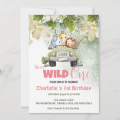 かわいいワイルドワンサファリベビーかわいいカブ1歳の誕生日フローラ 招待状 (正面)