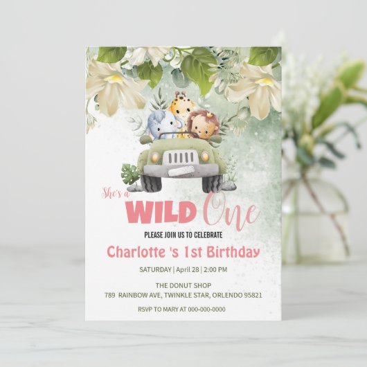かわいいワイルドワンサファリベビーかわいいカブ1歳の誕生日フローラ 招待状 (スタンド正面)