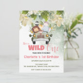 かわいいワイルドワンサファリ動物の車1st誕生日の花 招待状 (スタンド正面)