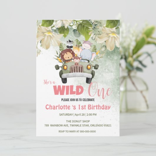 かわいいワイルドワンサファリ動物の車1st誕生日の花 招待状 (スタンド正面)