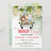 かわいいワイルドワンサファリ動物の車1st誕生日の花 招待状 (正面/裏面)