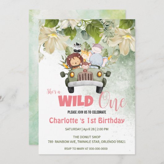 かわいいワイルドワンサファリ動物の車1st誕生日の花 招待状 (正面/裏面)