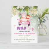 かわいいワイルドワンサファリ動物の車1st誕生日の花 招待状 (スタンド正面)