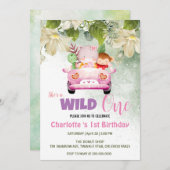 かわいいワイルドワンサファリ動物の車1st誕生日の花 招待状 (正面/裏面)