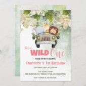かわいいワイルドワンサファリ動物の車1st誕生日フローラ 招待状 (正面/裏面)