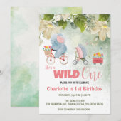かわいいワイルドワンサファリ動物バイク1stバースデーフロロ 招待状 (正面/裏面)